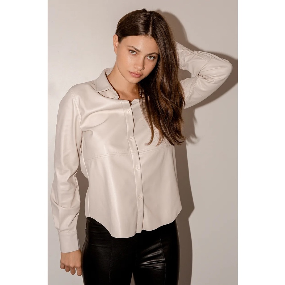 Elegant Cream Faux Leather Women's Cropped Button-Up Top